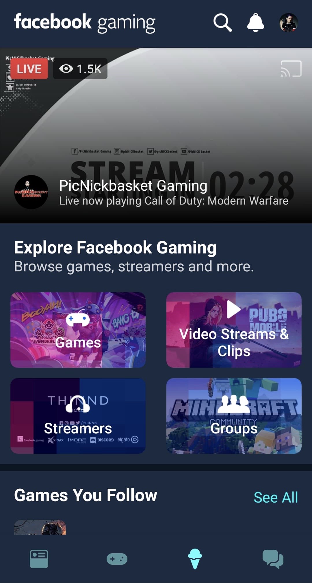 Facebook Gaming App Layout