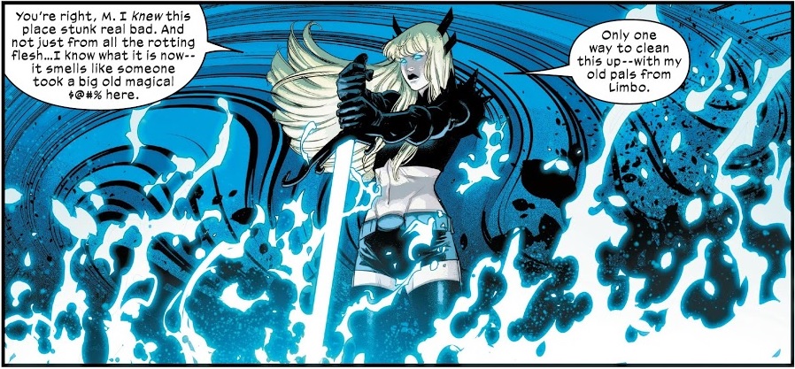 Magik summoning Demons from Limbo to combat the Cotati and Zombies in Empyre: X-Men #2 on Marvel Unlimited.