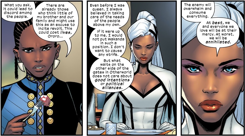 Shuri and Storm share a meal and talk the political consequences in Marauders #13 on Marvel Unlimited.